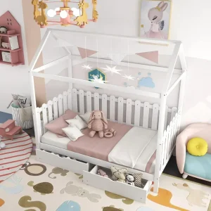 Solid Wood Twin Size House Bed Frame with Roof/Drawers/Fence-Shaped Guardrail, House Bed Platform Bed for Kids,Teens