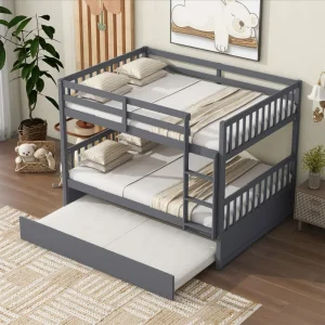 Dark Grey Full Over Full Bunk Bed with Twin Size Trundle, Separatable 2 Beds in 1, Wooden Beds Frame with Ladder