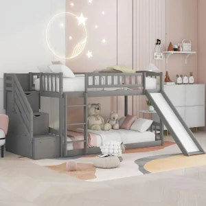 Twin Over Twin Bunk Beds with Slide, Low Bunk Bed Frame with Storage Drawers Stairway Wood Bunks Bed with Slide for Kids