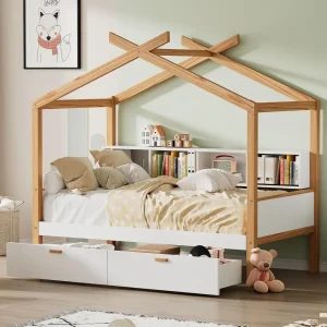 Full Size House Bed with Storage Drawers for Kids,Full Kids Bed Frame with Bookshelves,Wooden House Frame for Girls,Boys