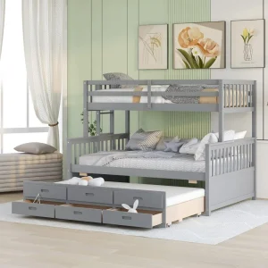 Twin Over Full Bunk Grey Bed with Twin Size Trundle and 3 Storage Drawers, Solid Wood Bunk Bed Frame with Ladder
