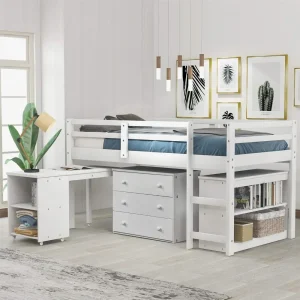 Low Study Loft Bed Frame with Storage Cabinet and Rolling Portable Desk for Kids and Teenagers, Twin Loft Bed with Desk
