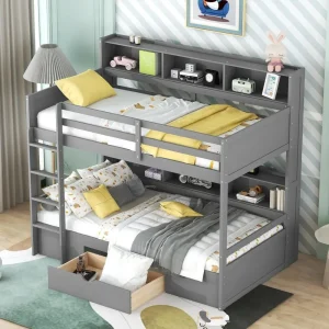 Wood Bunk Beds with Built-in Shelves Beside Both Upper & Down Bed,Multi Storage Bunks Beds,Bunk Bed Twin Over Twin with Storage
